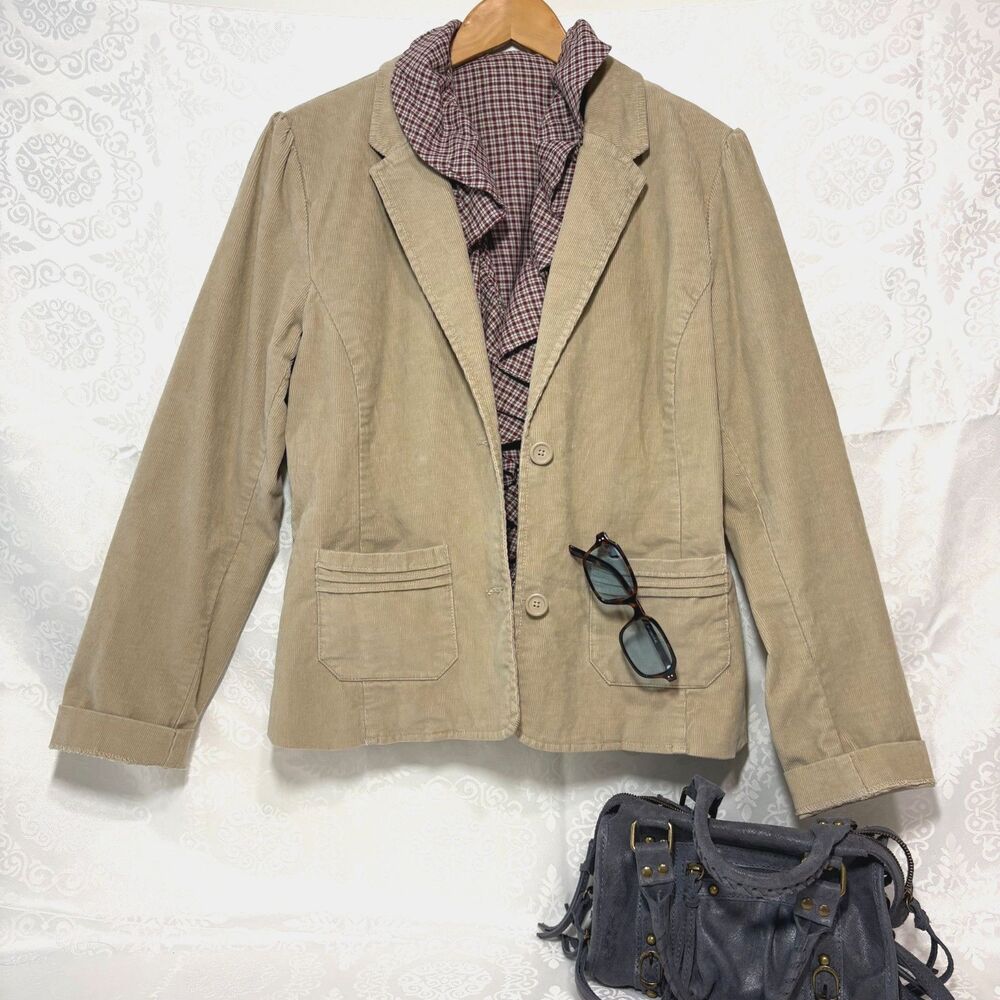 Old Navy Blazer Jacket Corduroy Khaki Puff Sleeve Stretch Y2K Fall Winter Large